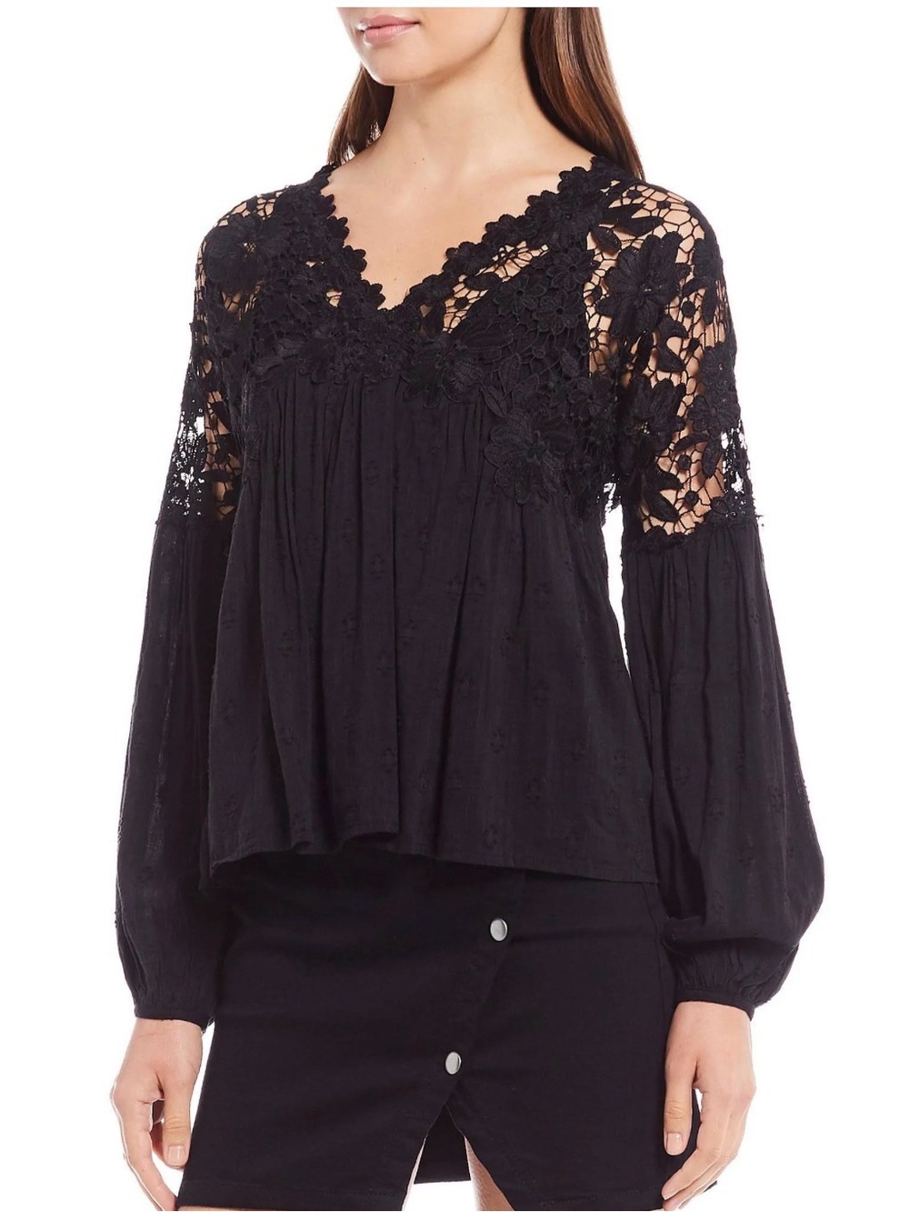 Free People Lina Black Crochet Lace V-Neck Peasant Blouse